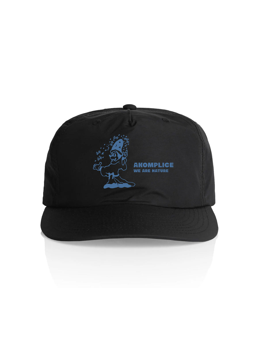 Black cap with blue graphic and text on a white background