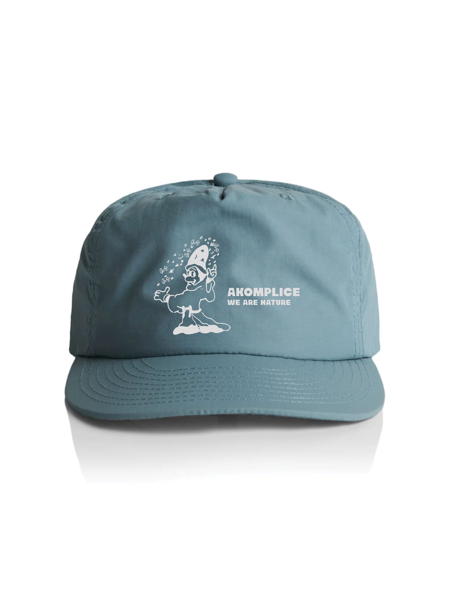 Blue cap with white logo and text on a white background
