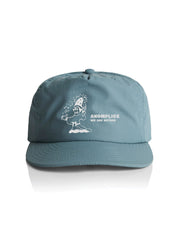 Blue cap with white logo and text on a white background