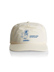 Beige cap with blue graphic and text on a white background