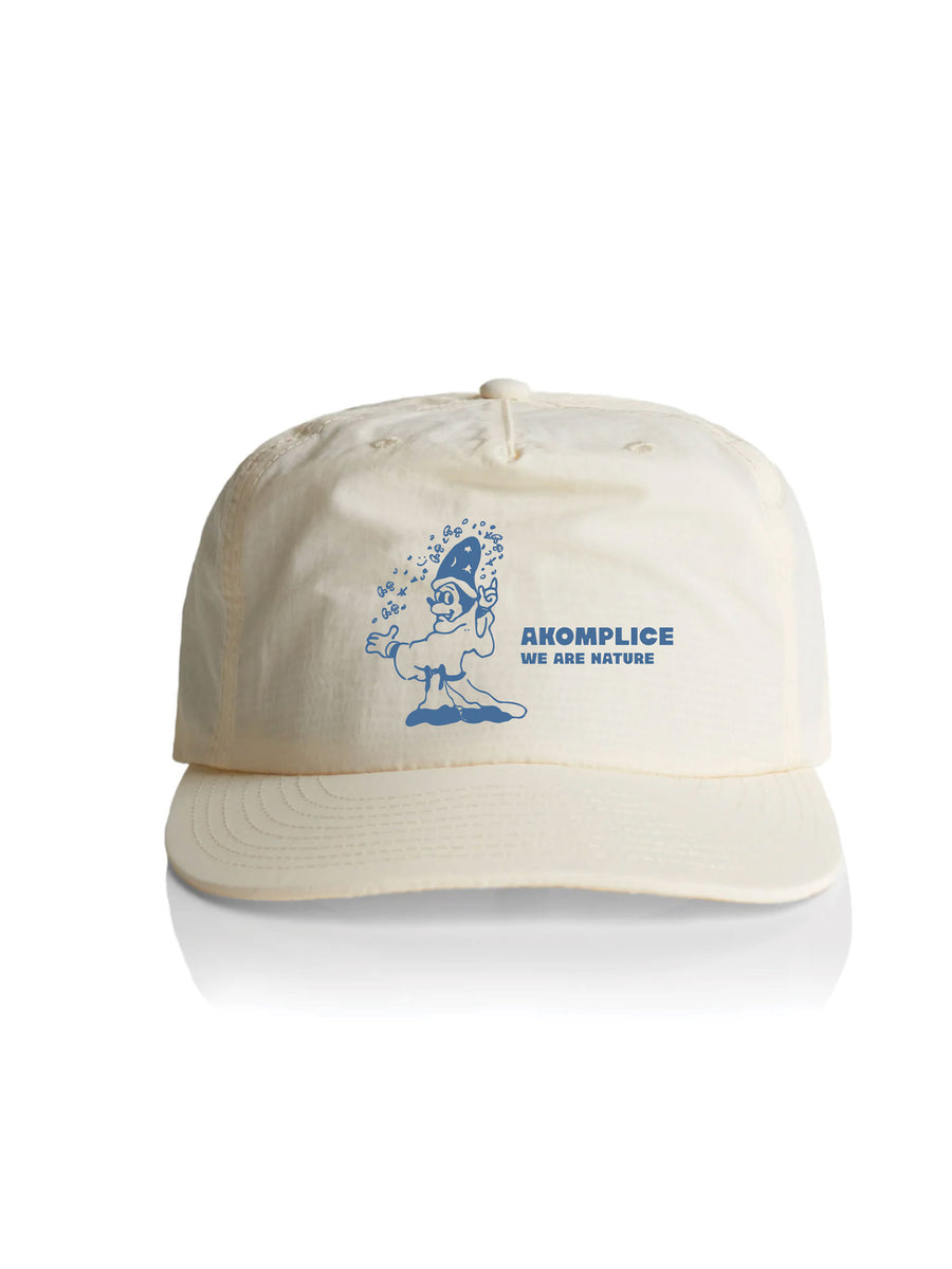 Beige cap with blue graphic and text on a white background