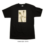 Black t-shirt with a botanical illustration on a white background