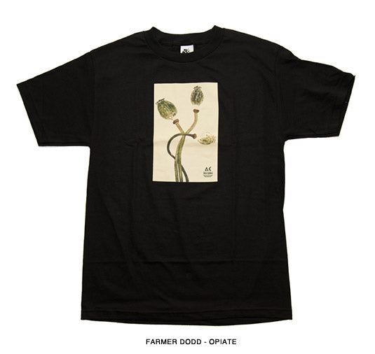 Black t-shirt with a botanical illustration on a white background