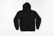 Black hoodie with text on the back against a white background