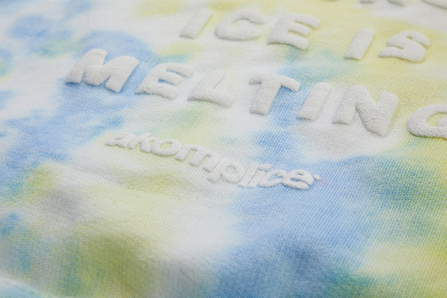 Textured surface with 'Ice is Melting' and 'Antarctica' text on a tie-dye background.