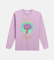 Purple long-sleeve shirt with a colorful graphic and 'Akomplice' branding on a white background