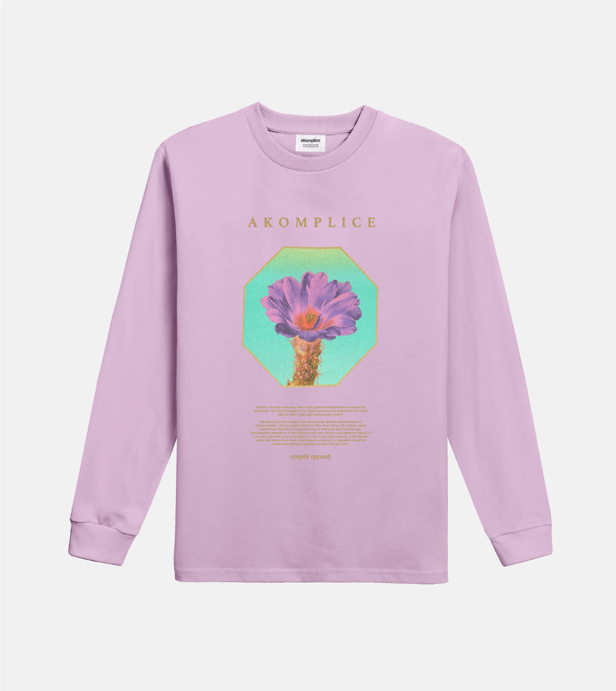 Purple long-sleeve shirt with a colorful graphic and 'Akomplice' branding on a white background