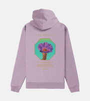 Purple hoodie with a colorful graphic of a cactus and text on the back against a light purple background