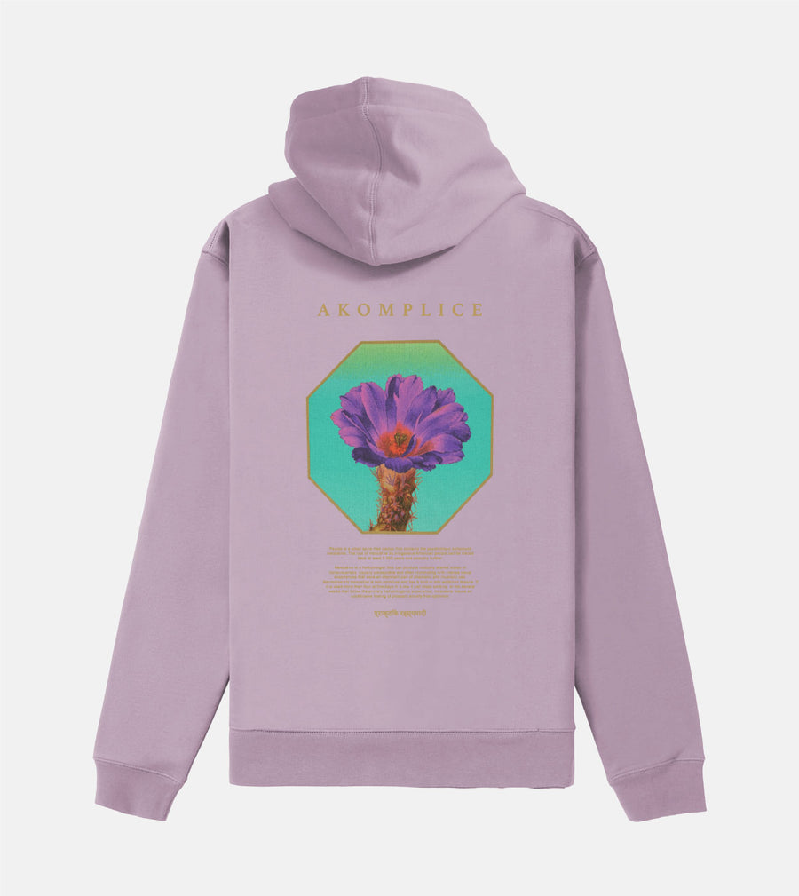 Purple hoodie with a colorful graphic of a cactus and text on the back against a light purple background