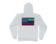 Gray hoodie with a colorful flag design on the back against a white background