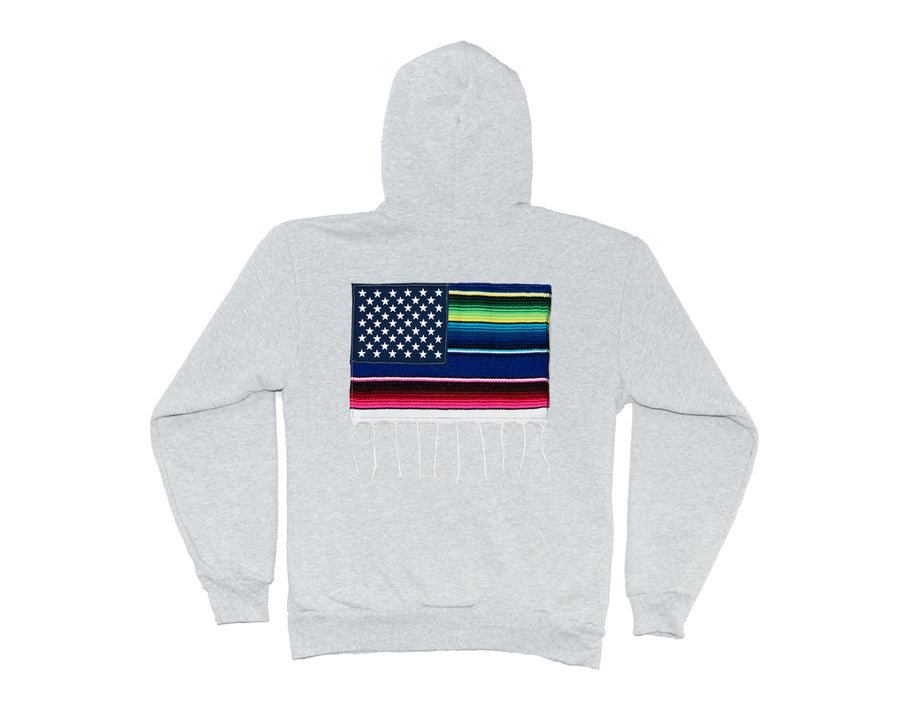 Gray hoodie with a colorful flag design on the back against a white background