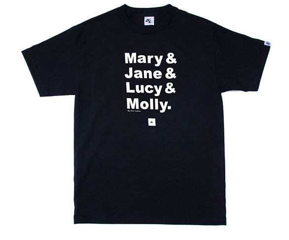 Black t-shirt with white text 'Mary & Jane & Lucy & Molly.' on a white background