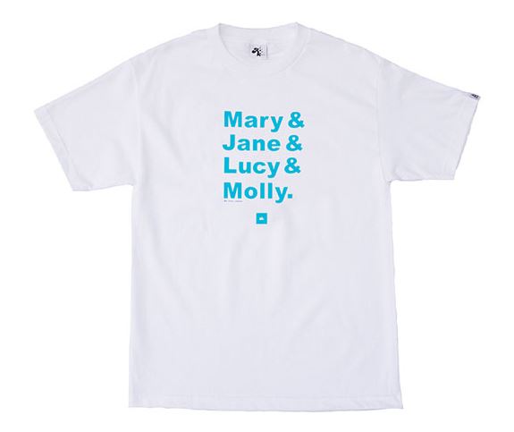White t-shirt with blue text 'Mary & Jane & Lucy & Molly.' on a white background
