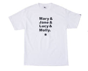 White t-shirt with black text on a white background