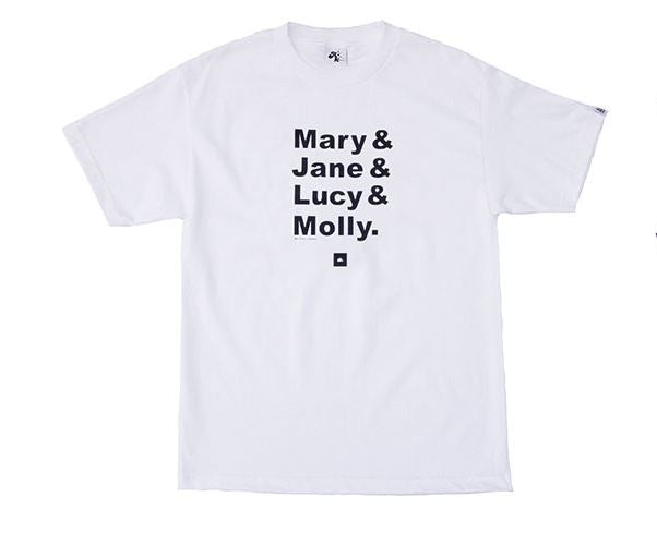 White t-shirt with black text on a white background