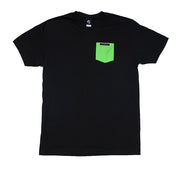 Black t-shirt with a green pocket on a white background
