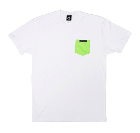 White t-shirt with a green pocket on a white background