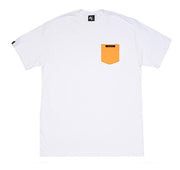White t-shirt with an orange pocket on a white background