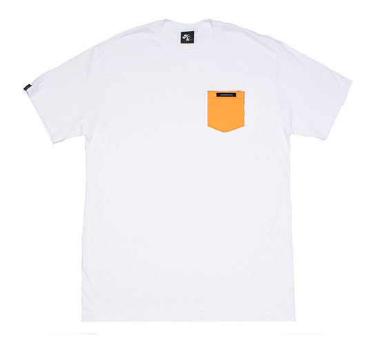 White t-shirt with an orange pocket on a white background