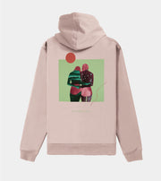 Pink hoodie with a graphic of two people hugging on the back against a light gray background