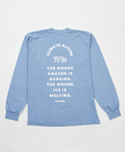 Blue long-sleeve shirt with white text on a light gray background