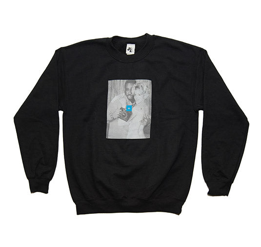 Black sweatshirt with a graphic of a couple on a white background