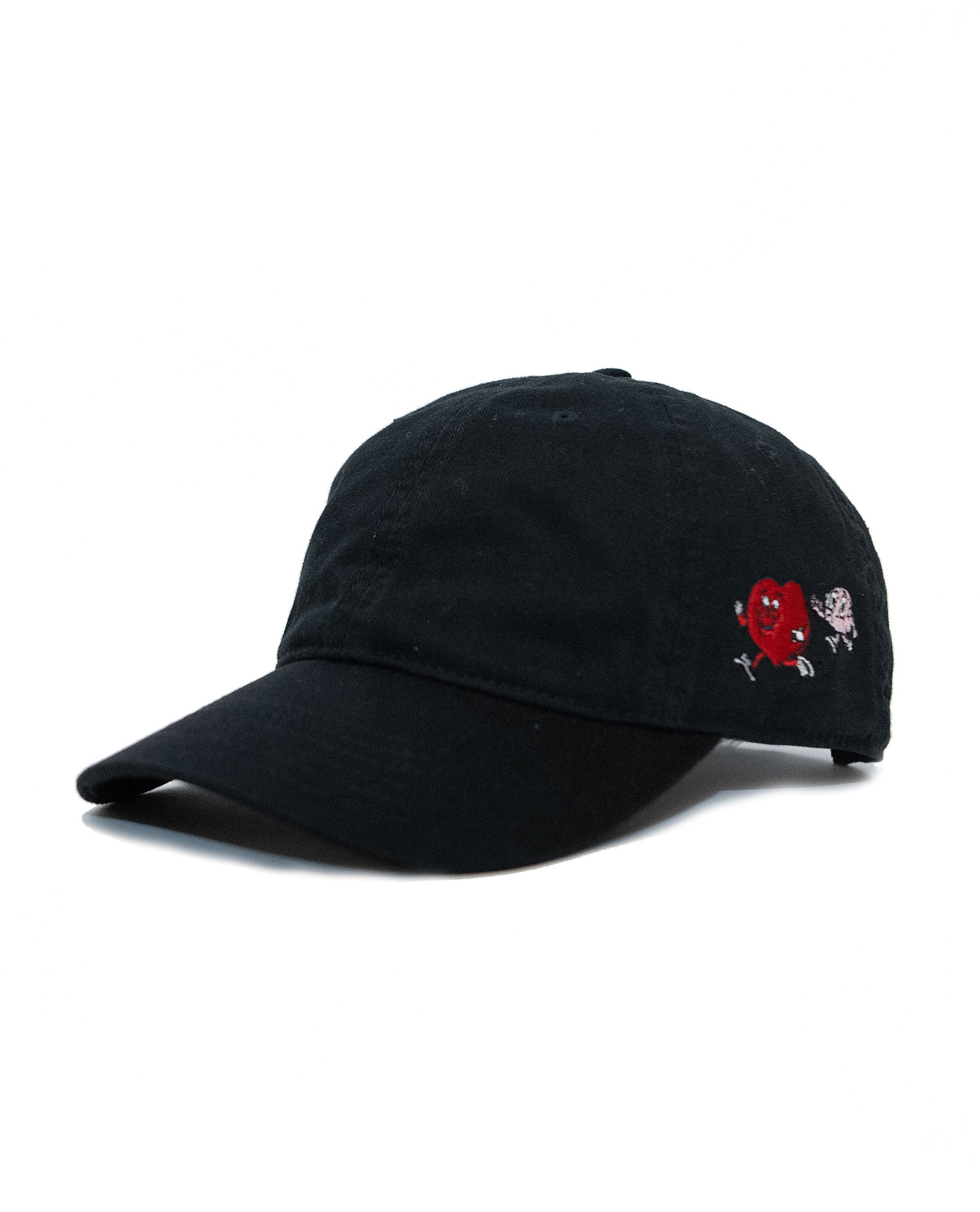 Black cap with a red and white design on a white background