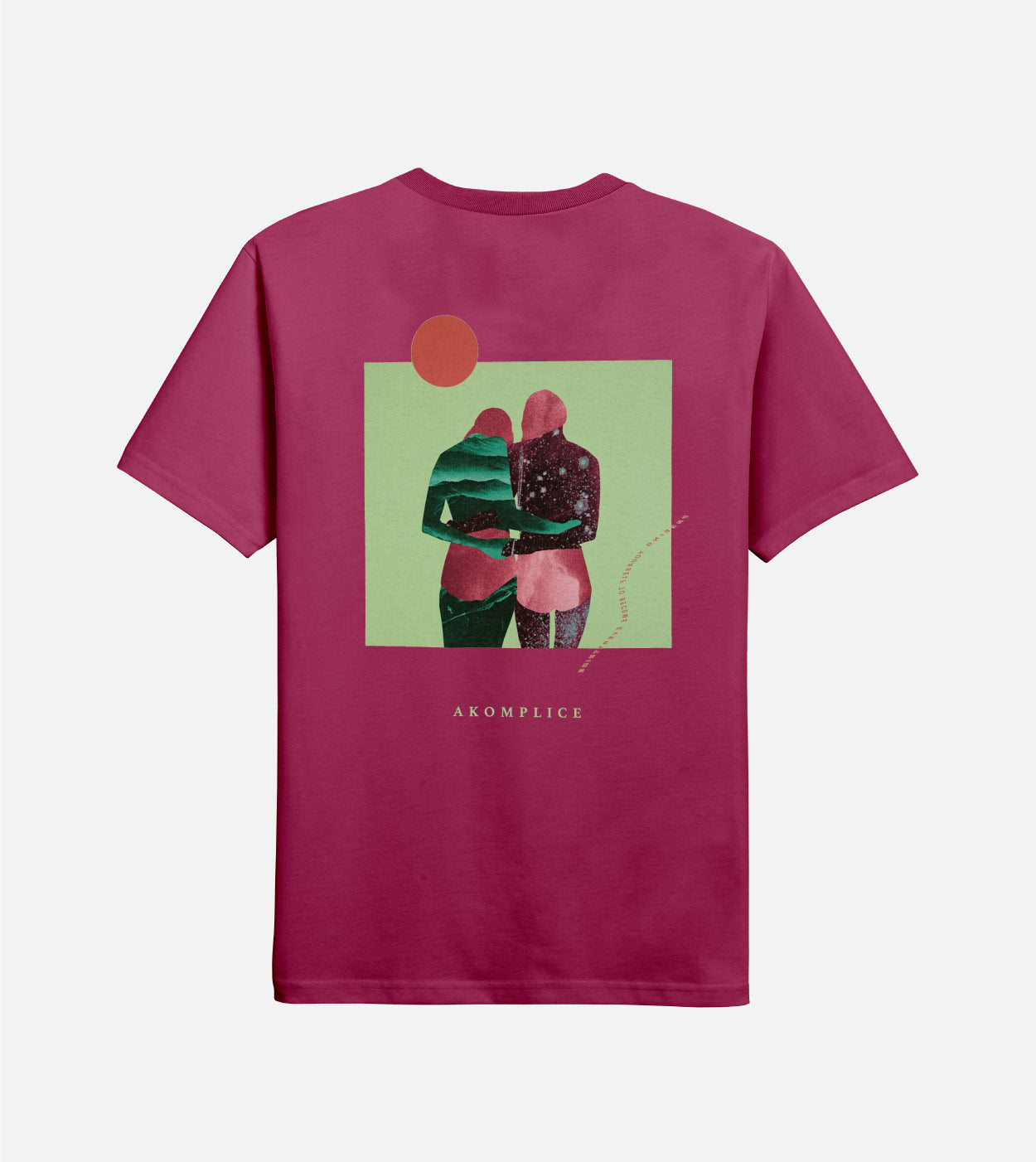 Magenta t-shirt with a graphic of two people embracing and a sun on a light gray background