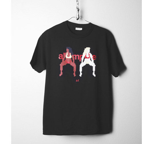 Black t-shirt with red and white graphic design on a white background