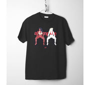 Black t-shirt with red and white graphic design on a white background