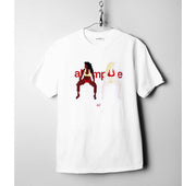 White t-shirt with graphic design of two people and text on a gray background