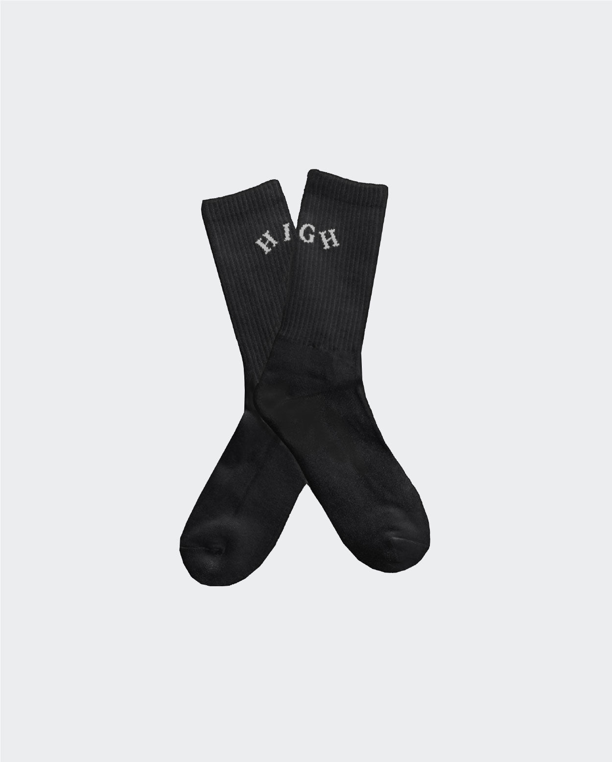 Black socks with 'HIGH' text on a light gray background