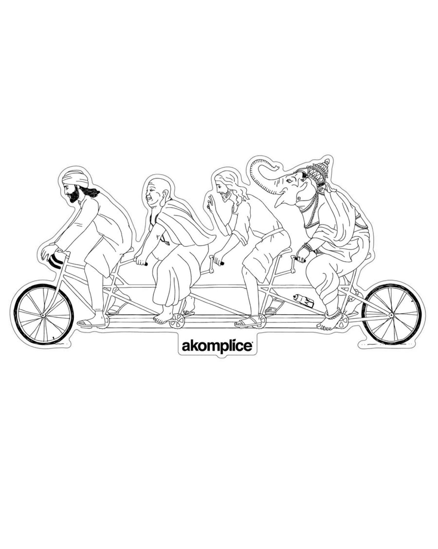 Black and white illustration of a tandem bicycle with four people riding it, featuring the 'akomplice' brand.