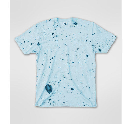 Light blue t-shirt with dark blue splatter pattern on a light gray background