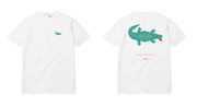White t-shirt with green crocodile graphic on a white background