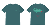 Teal t-shirt with a crocodile graphic on the back, displayed from front and back views.