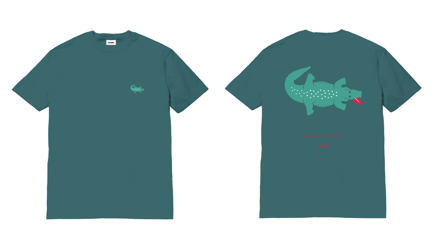 Teal t-shirt with a crocodile graphic on the back, displayed from front and back views.
