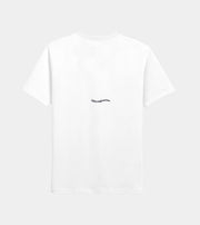 White t-shirt with a small black logo on a light gray background