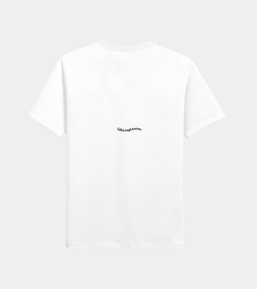 White t-shirt with a small black logo on a light gray background