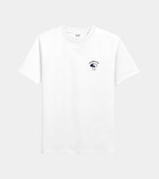 White t-shirt with a small black logo on a light gray background