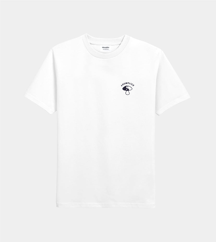 White t-shirt with a small black logo on a light gray background