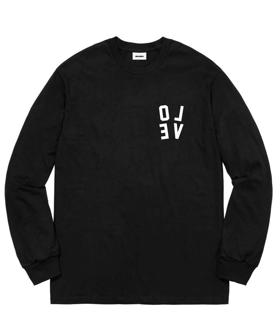 Black long-sleeve shirt with white text on a white background