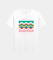 White t-shirt with colorful wavy design and 'AKOMPLICE' branding on a white background