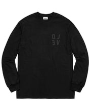 Black long-sleeve shirt with text on a white background