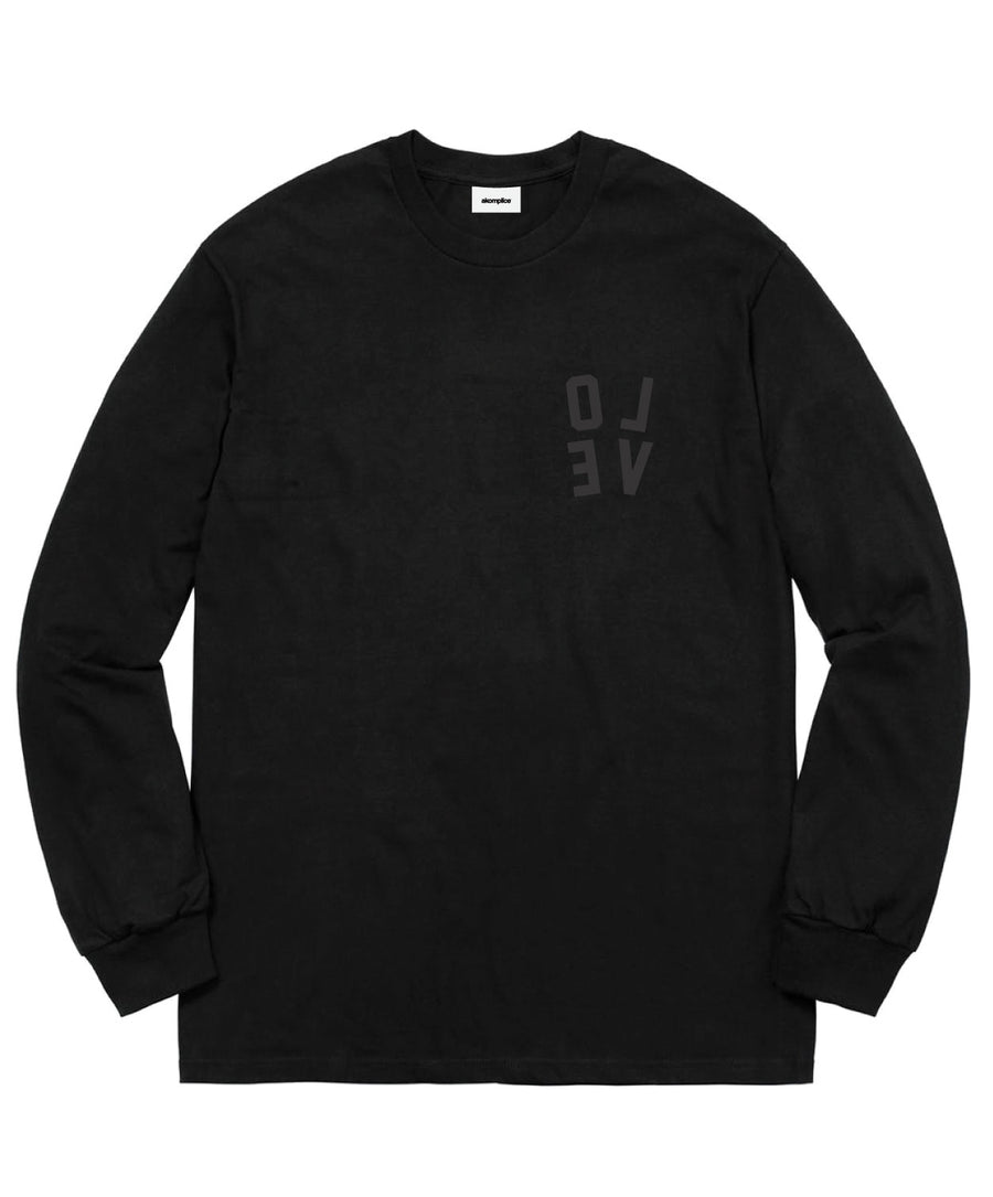 Black long-sleeve shirt with text on a white background