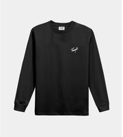 Black long-sleeve shirt with a small white logo on a light gray background