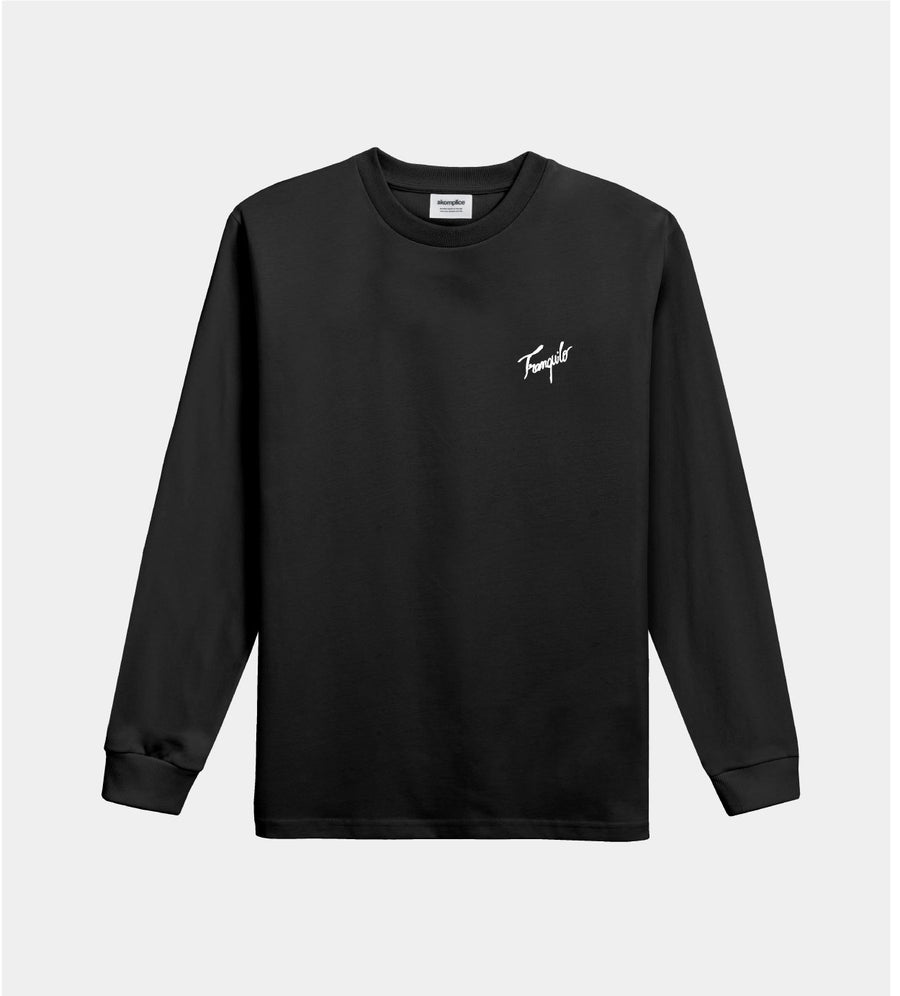 Black long-sleeve shirt with a small white logo on a light gray background