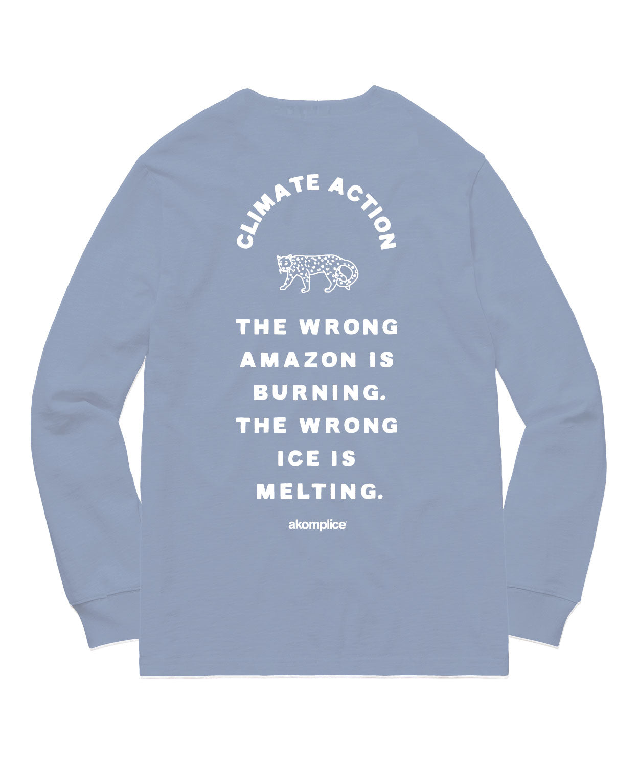 Light blue sweatshirt with climate action text and graphic on a white background