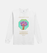 White sweatshirt with a colorful flower design and 'Akomplice' branding on a white background