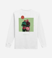 White sweatshirt with a graphic of two people hugging on a green background, displayed on a white background.
